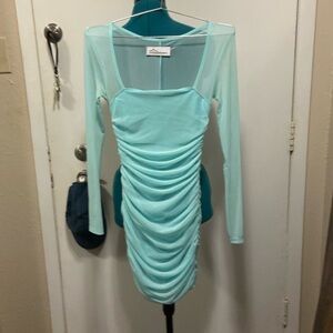 Mint Green back tucked long sleeved Dress Sheer sleeves & upper back XXSMALL